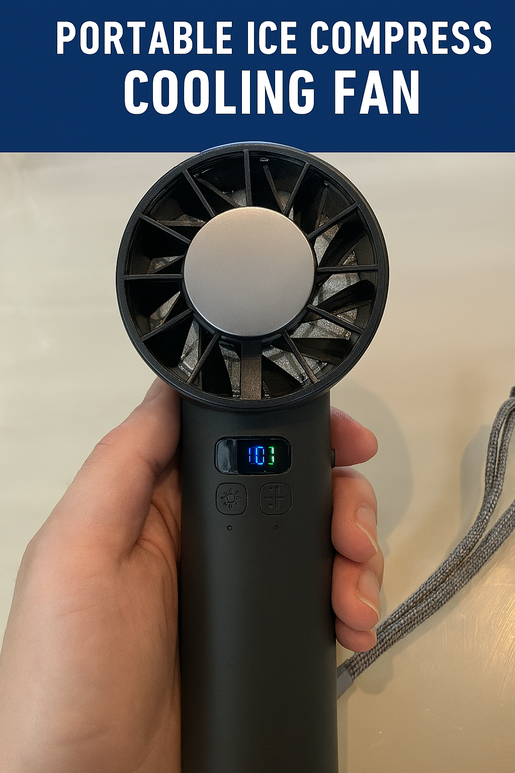 Ice Compress Portable Cooling Fan – USB Rechargeable, Digital Display, Ultra-Quiet