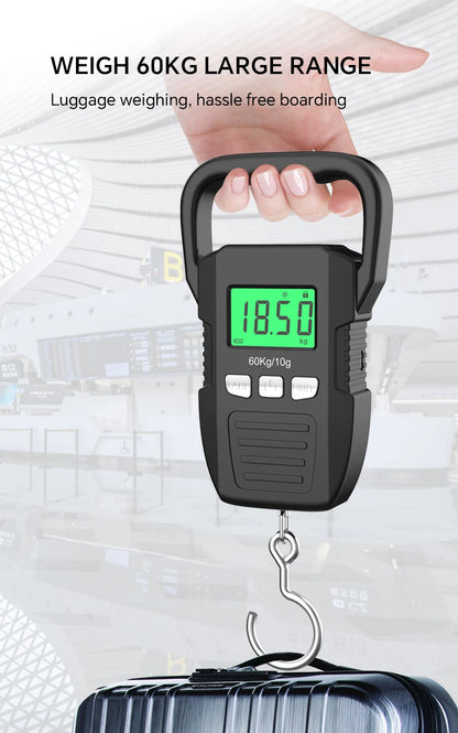Heavy-Duty 60kg Digital Travel & Fishing Scale – USB Rechargeable, LCD Display