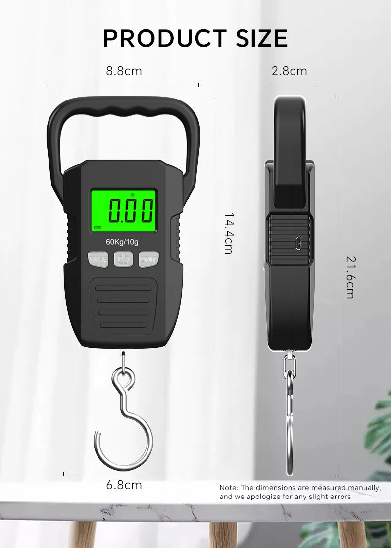 Heavy-Duty 60kg Digital Travel & Fishing Scale – USB Rechargeable, LCD Display
