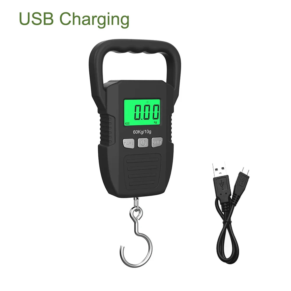 Heavy-Duty 60kg Digital Travel & Fishing Scale – USB Rechargeable, LCD Display